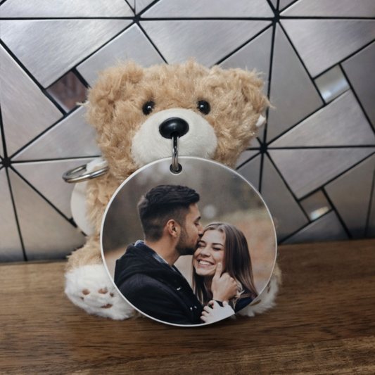💕 Personalized Valentine Teddy Bear with Photo Keychain – 4 Inch Plush Gift 💕