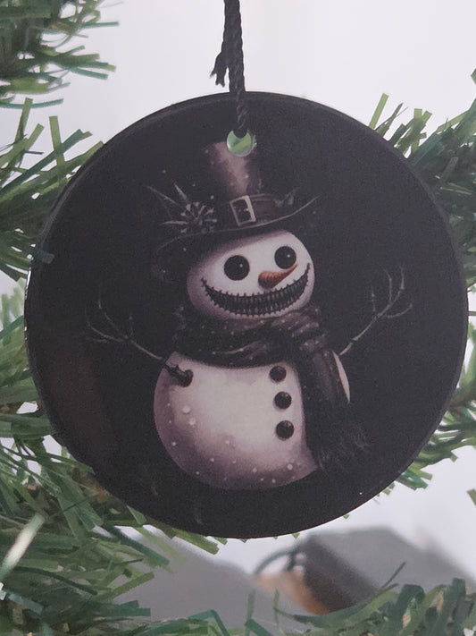 3-inch Round Dark Rustic Snowman Porcelain Ornament