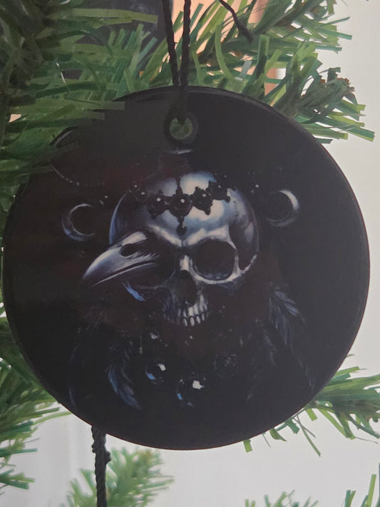 3-inch Round Skull and Crow Porcelain Ornament