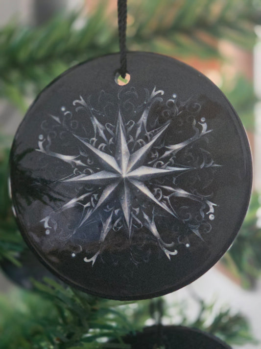 3-inch Round Dark Snowflake Porcelain Ornament